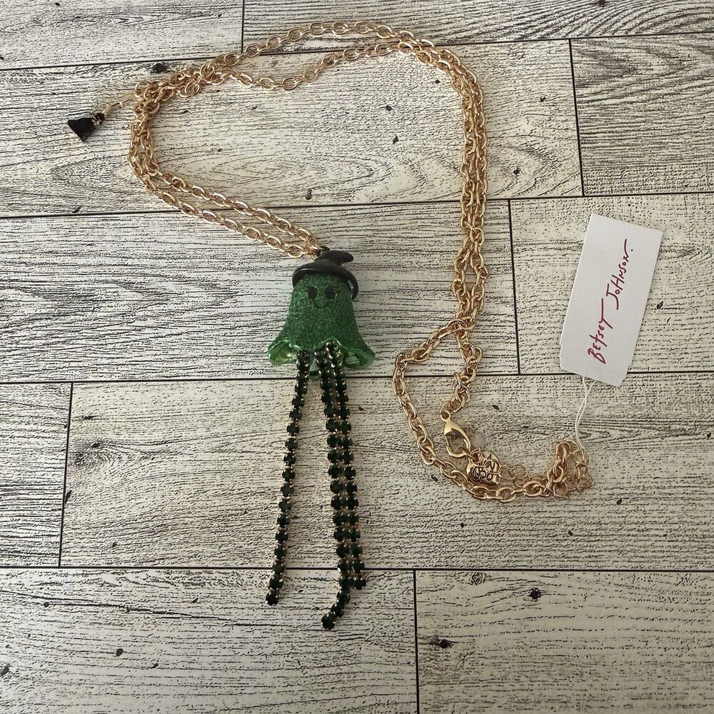 Betsey Johnson Halloween Green Glitter Ghost Rhinestone Witch Necklace NWT